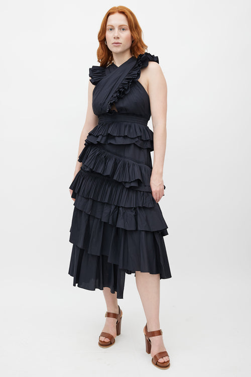 Ulla Johnson Black Aurore Pleated Ruffled V-Neck Dress