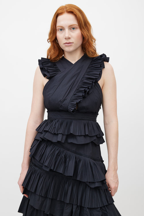 Ulla Johnson Black Aurore Pleated Ruffled V-Neck Dress