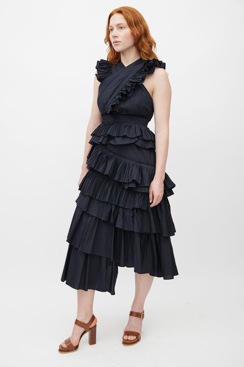 Ulla Johnson Black Aurore Pleated Ruffled V-Neck Dress