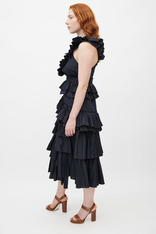 Ulla Johnson Black Aurore Pleated Ruffled V-Neck Dress