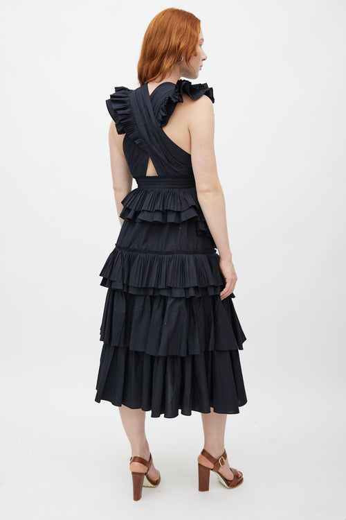 Ulla Johnson Black Aurore Pleated Ruffled V-Neck Dress