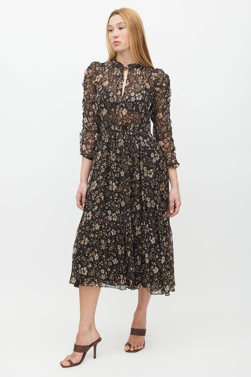 Ulla Johnson Black 
Brown Floral Ruffled Dress