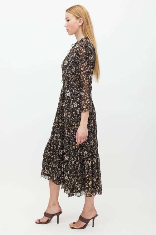 Ulla Johnson Black 
Brown Floral Ruffled Dress