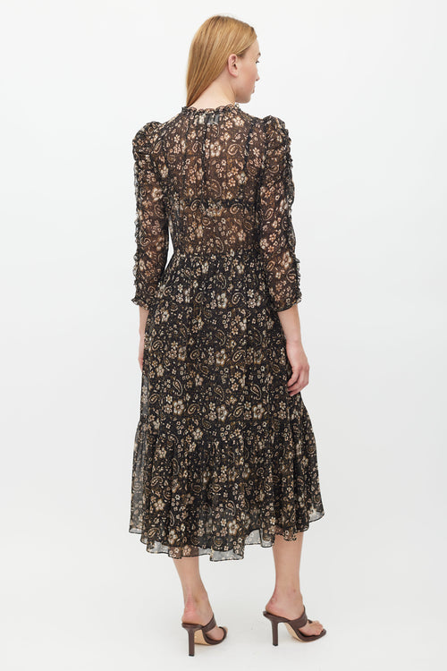 Ulla Johnson Black 
Brown Floral Ruffled Dress