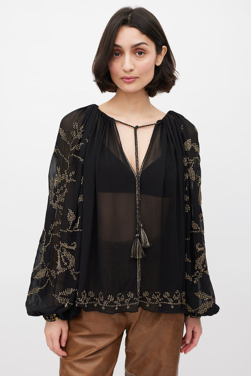 Ulla Johnson Black 
Gold Embroirdered Sheer Top