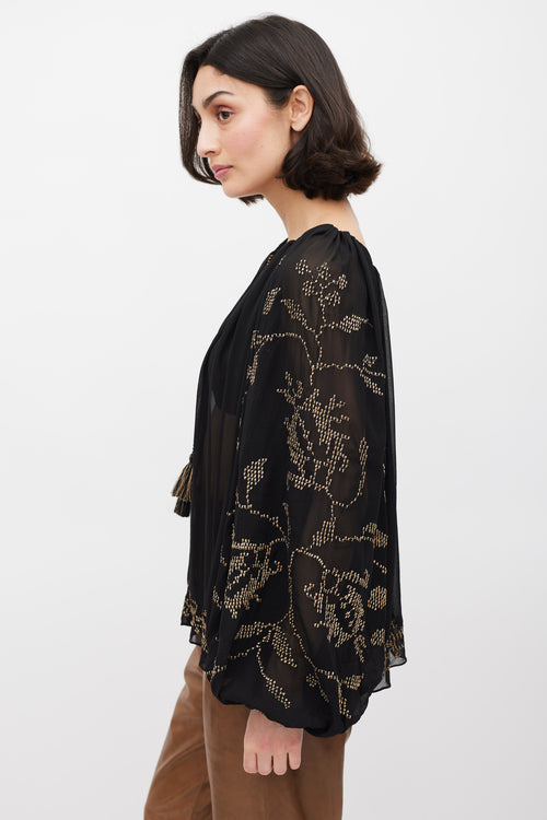 Ulla Johnson Black 
Gold Embroirdered Sheer Top