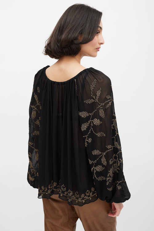 Ulla Johnson Black 
Gold Embroirdered Sheer Top