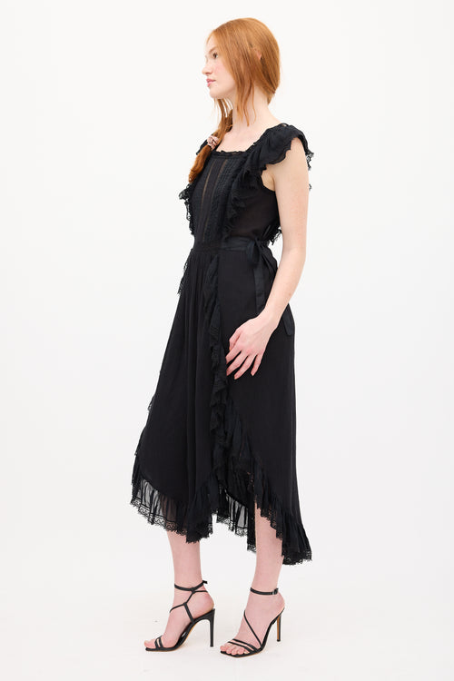 Ulla Johnson Black Lace Trim Ruffled Midi Dress