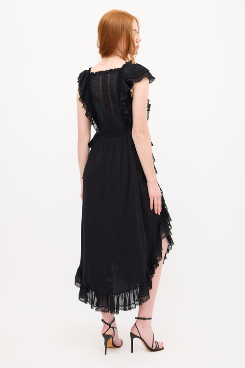 Ulla Johnson Black Lace Trim Ruffled Midi Dress