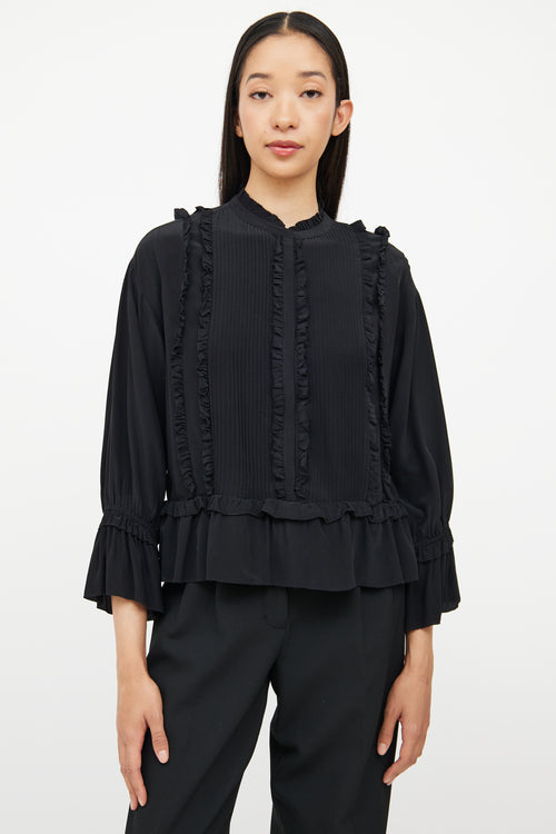 Ulla Johnson Black Silk Ruffle Pleat Top