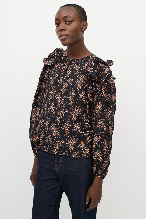 Ulla Johnson Black Multi Floral Ruffle Blouse