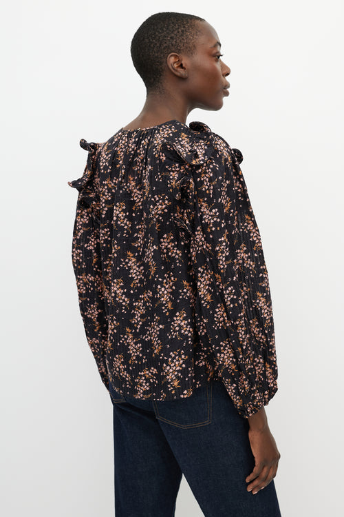 Ulla Johnson Black Multi Floral Ruffle Blouse