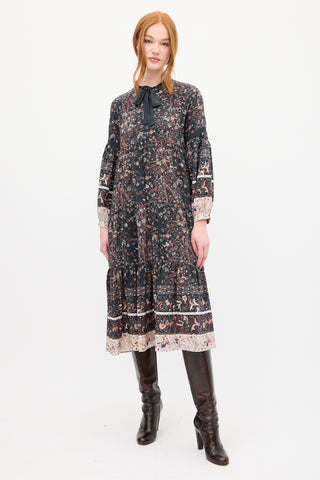 Ulla Johnson Black 
Multi Silk Floral Tier Midi Dress