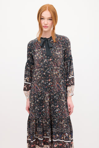 Ulla Johnson Black 
Multi Silk Floral Tier Midi Dress