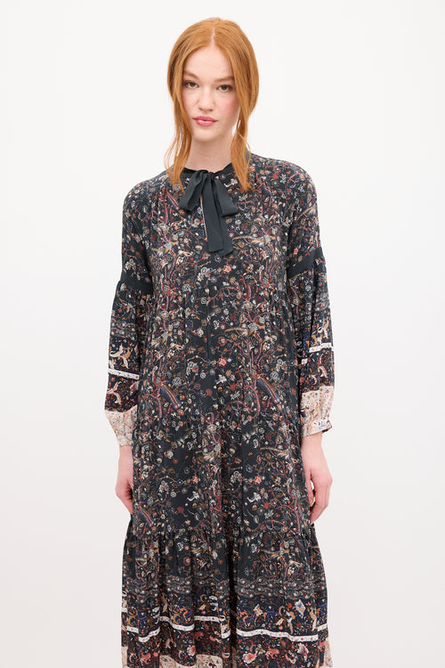 Ulla Johnson Black 
Multi Silk Floral Tier Midi Dress