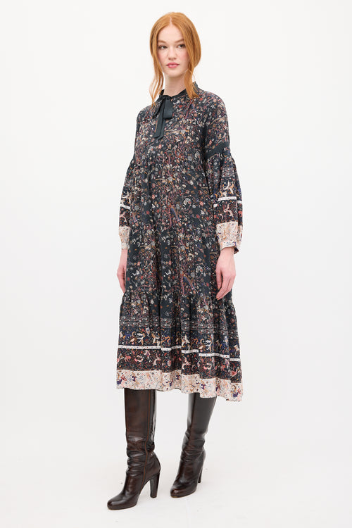 Ulla Johnson Black 
Multi Silk Floral Tier Midi Dress