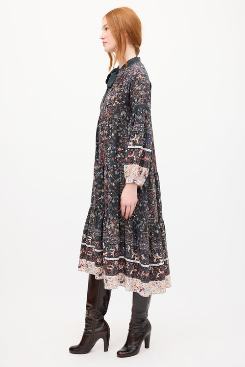 Ulla Johnson Black 
Multi Silk Floral Tier Midi Dress