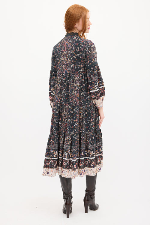 Ulla Johnson Black 
Multi Silk Floral Tier Midi Dress