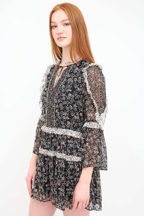 Ulla Johnson Black 
Pink Silk Floral Dotted Dress