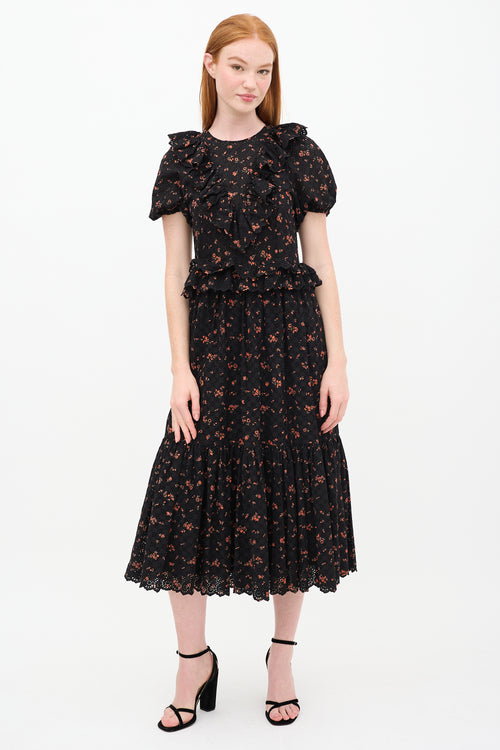 Ulla Johnson Black 
Orange Floral Lace Tiered Dress