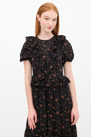 Ulla Johnson Black 
Orange Floral Lace Tiered Dress