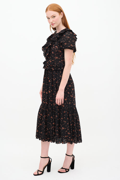 Ulla Johnson Black 
Orange Floral Lace Tiered Dress