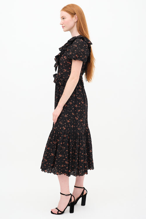 Ulla Johnson Black 
Orange Floral Lace Tiered Dress