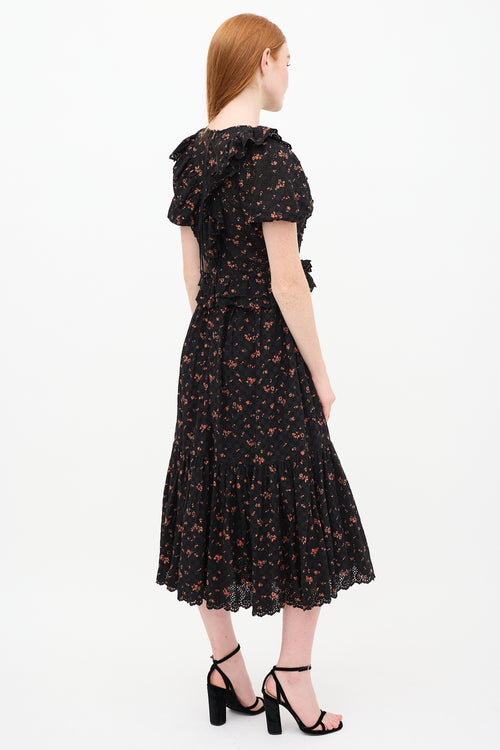 Ulla Johnson Black 
Orange Floral Lace Tiered Dress