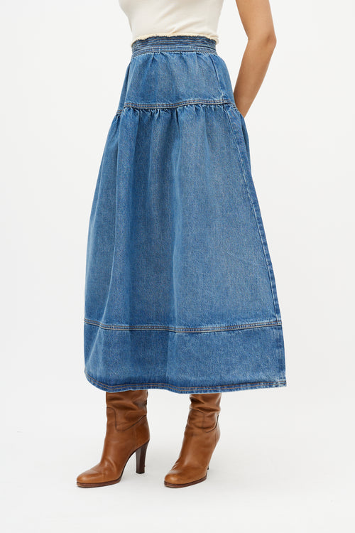 Ulla Johnson Blue Gathered Denim Maxi Skirt