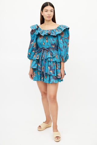 Ulla Johnson Blue 
Multicolour Ruffled Belted Dress