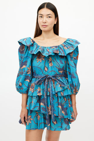 Ulla Johnson Blue 
Multicolour Ruffled Belted Dress