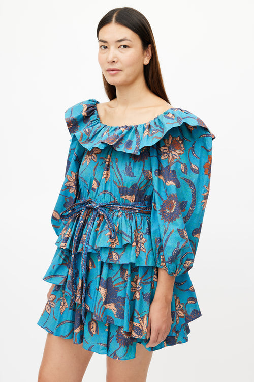 Ulla Johnson Blue 
Multicolour Ruffled Belted Dress