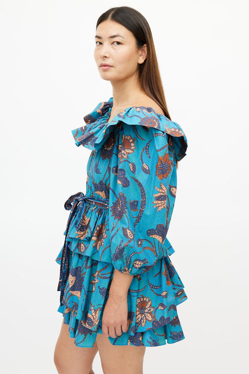 Ulla Johnson Blue 
Multicolour Ruffled Belted Dress