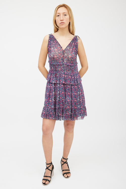 Ulla Johnson Blue 
Pink Silk Floral Ruffled Dress