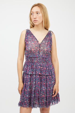 Ulla Johnson Blue 
Pink Silk Floral Ruffled Dress