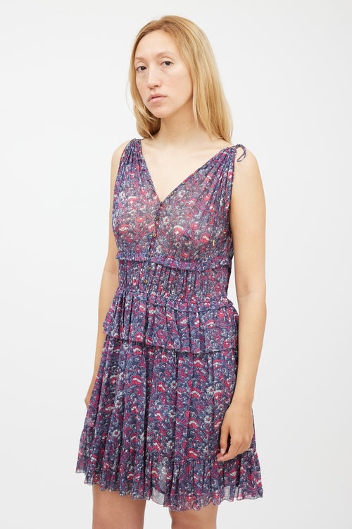 Ulla Johnson Blue 
Pink Silk Floral Ruffled Dress