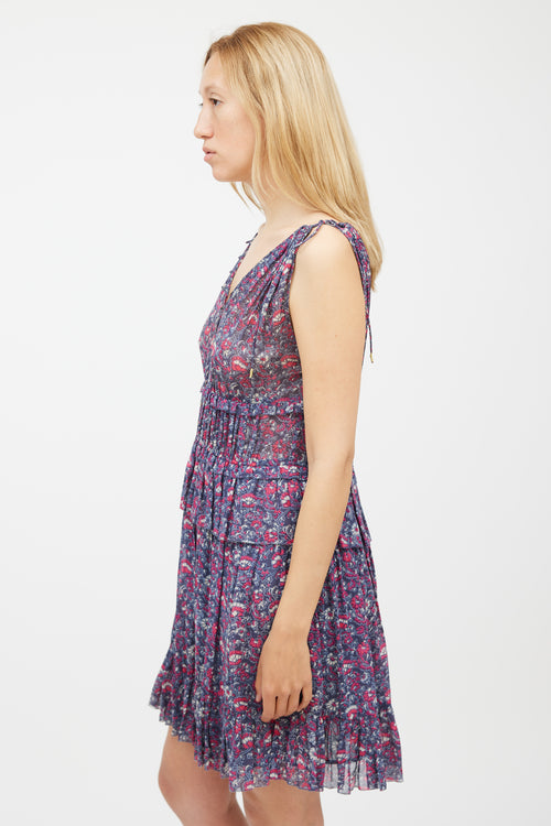 Ulla Johnson Blue 
Pink Silk Floral Ruffled Dress