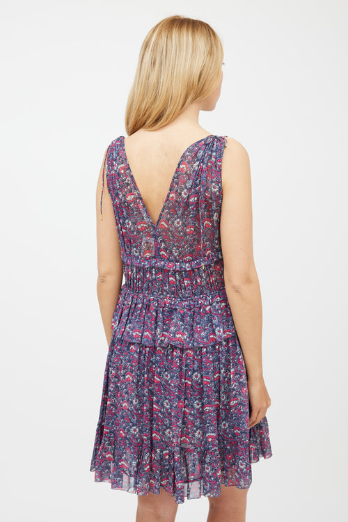 Ulla Johnson Blue 
Pink Silk Floral Ruffled Dress