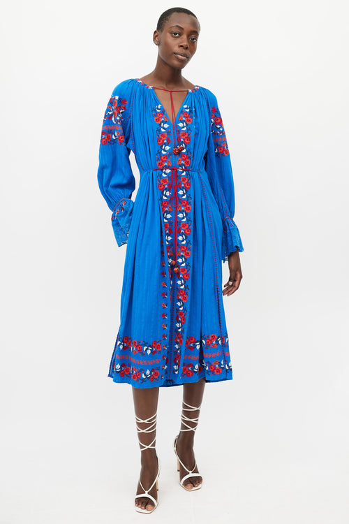 Ulla Johnson Blue 
Red Floral Embroidered Dress