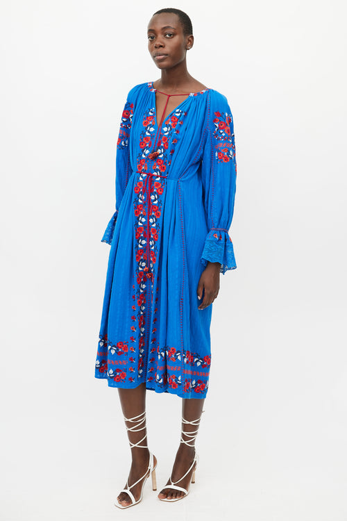 Ulla Johnson Blue 
Red Floral Embroidered Dress