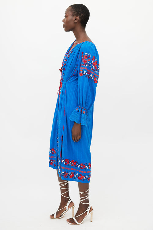 Ulla Johnson Blue 
Red Floral Embroidered Dress