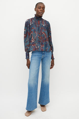 Ulla Johnson Blue 
Red Printed Sheer Turtleneck Blouse