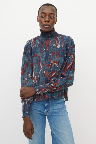 Ulla Johnson Blue 
Red Printed Sheer Turtleneck Blouse