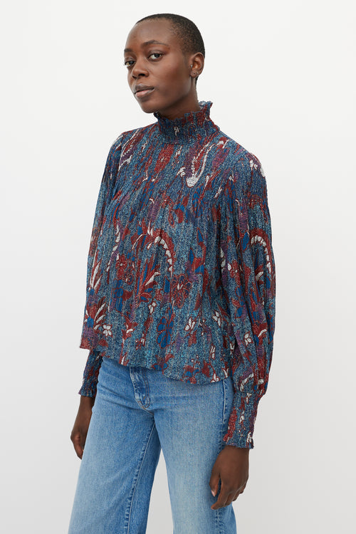 Ulla Johnson Blue 
Red Printed Sheer Turtleneck Blouse