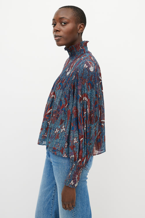 Ulla Johnson Blue 
Red Printed Sheer Turtleneck Blouse