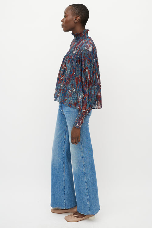 Ulla Johnson Blue 
Red Printed Sheer Turtleneck Blouse