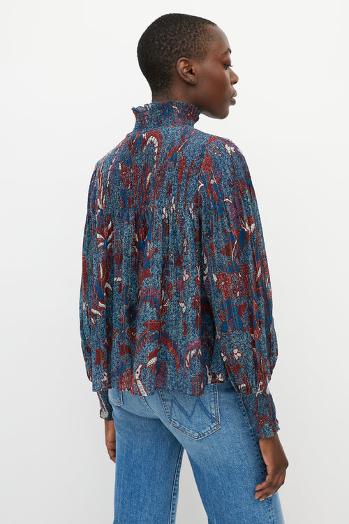 Ulla Johnson Blue 
Red Printed Sheer Turtleneck Blouse