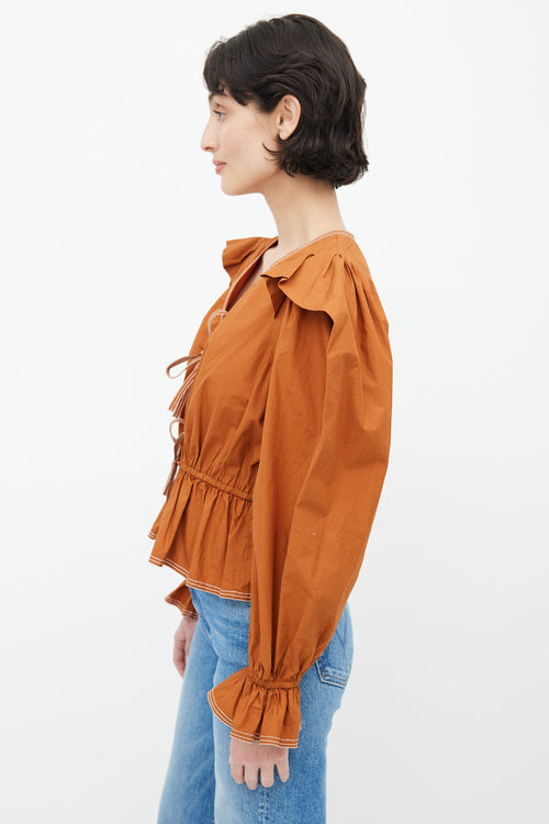 Ulla Johnson Orange Contrast Stitch Tie Blouse