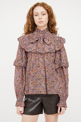 Ulla Johnson Burgundy 
Multicolour Silk Paisley Pleated Top