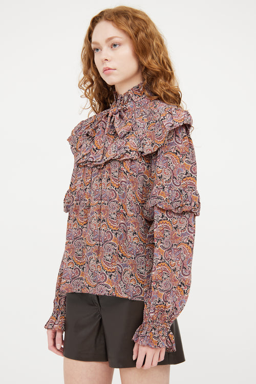 Ulla Johnson Burgundy 
Multicolour Silk Paisley Pleated Top